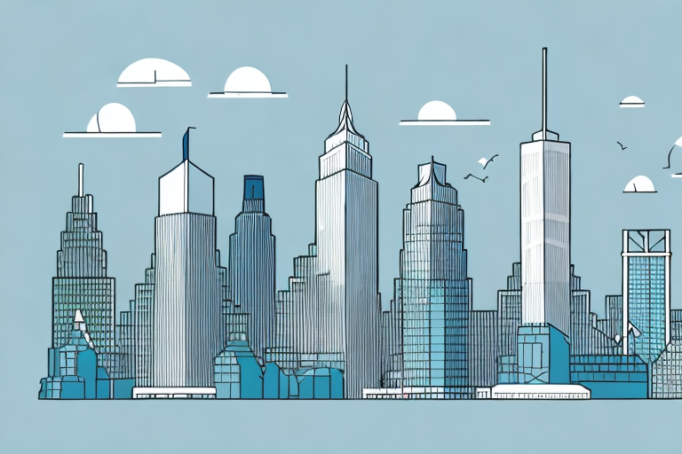 The jersey city skyline with a gavel and a set of legal scales subtly incorporated into the architecture