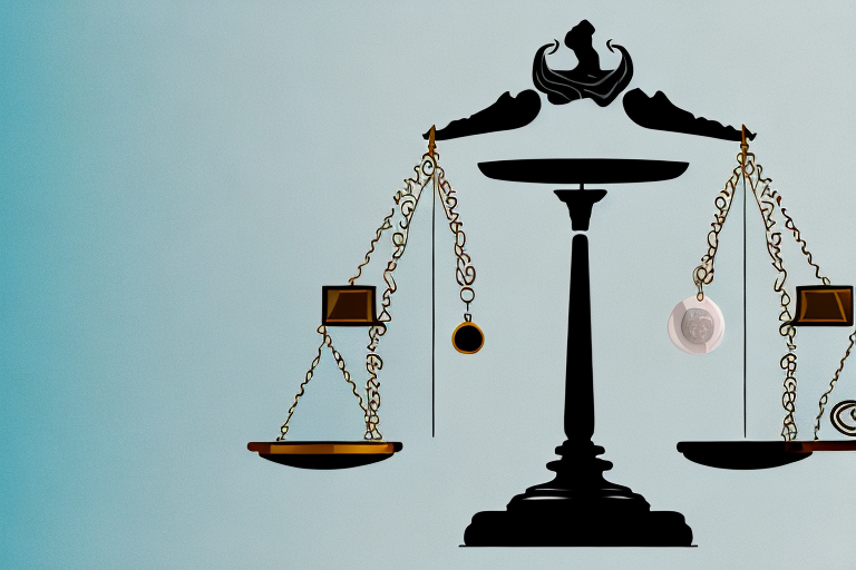 A balanced scale with a broken wedding ring on one side and a gavel on the other