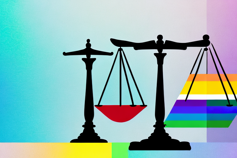 A balanced scale with a rainbow on one side and a gavel on the other