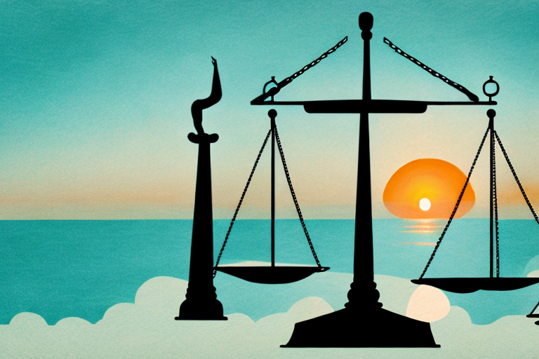 A symbolic scales of justice on a serene oceanside backdrop with a sunset