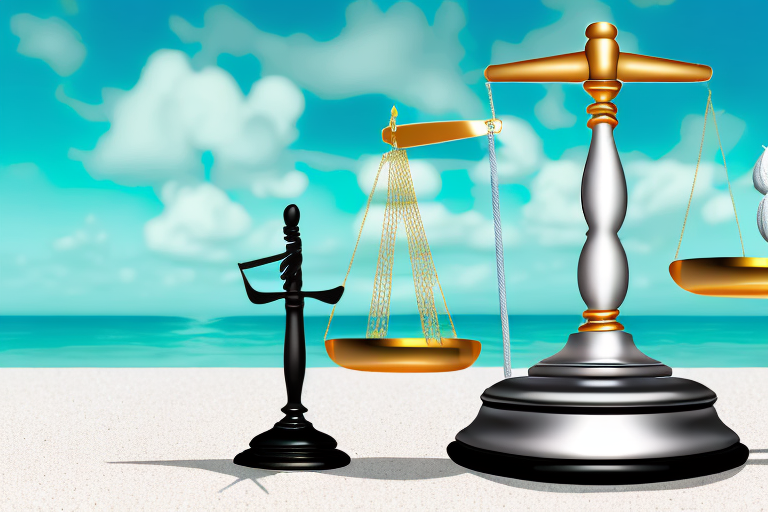 A balanced scale with a broken wedding ring on one side and a gavel on the other