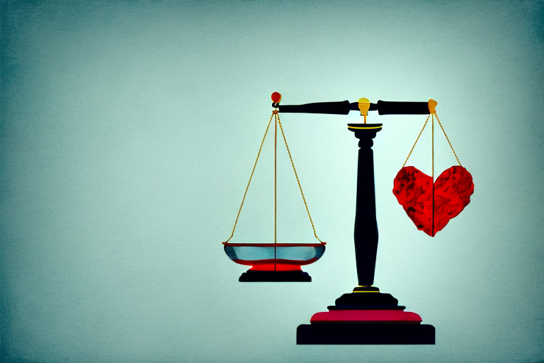 A balanced scale with a gavel on one side and a broken heart on the other