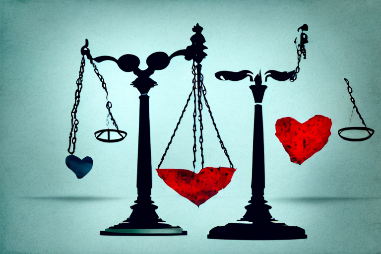 A balanced scale with a broken heart on one side and legal documents on the other