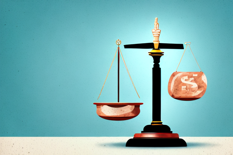 A symbolic balance scale with a gavel on one side and a broken piggy bank on the other