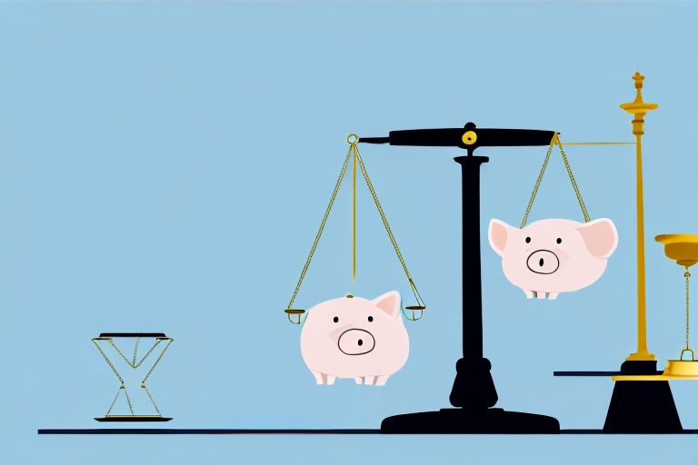 A balanced scale with legal documents on one side and a broken piggy bank on the other