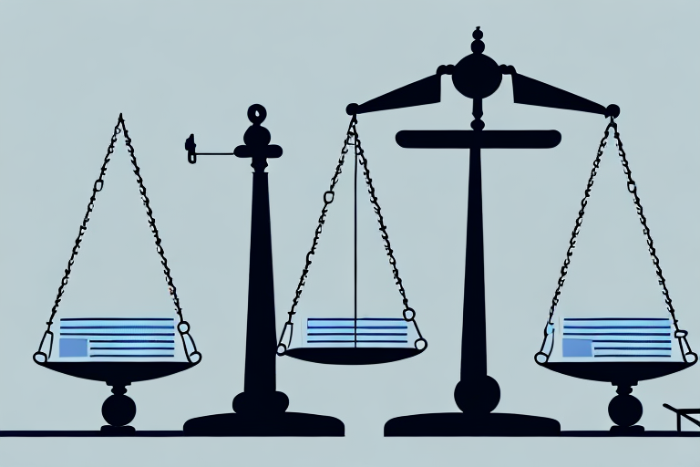 A balance scale with a stack of legal documents on one side and a courthouse on the other