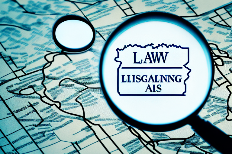 A magnifying glass hovering over a map with various law scales symbolizing bankruptcy attorney locations