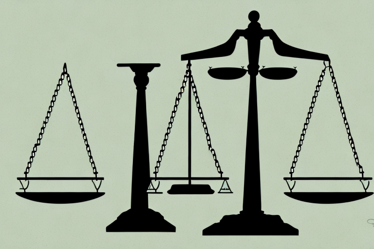 A symbolic balance scale where one side has a courthouse symbolizing law and the other side a dollar sign symbolizing bankruptcy