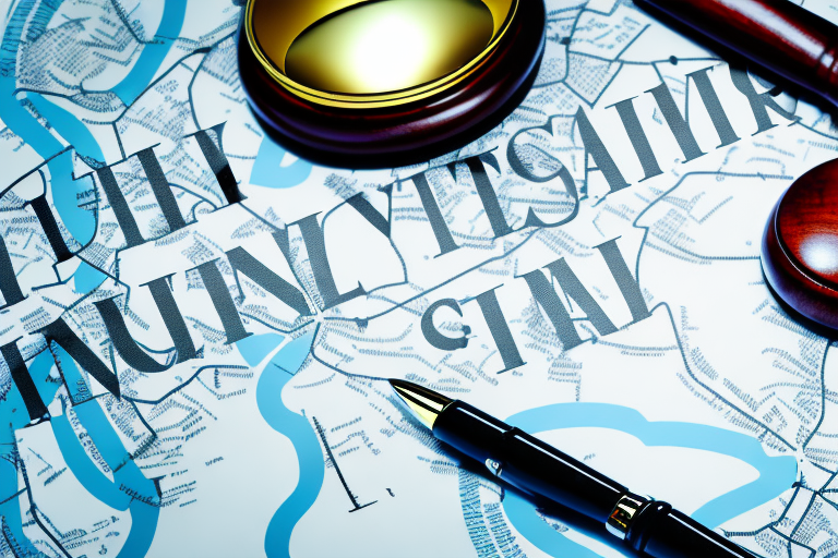 A magnifying glass hovering over a map with symbols representing law offices