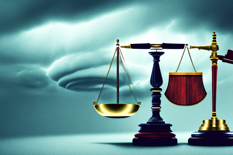 A scale balancing a briefcase (representing business) and a gavel (representing law)