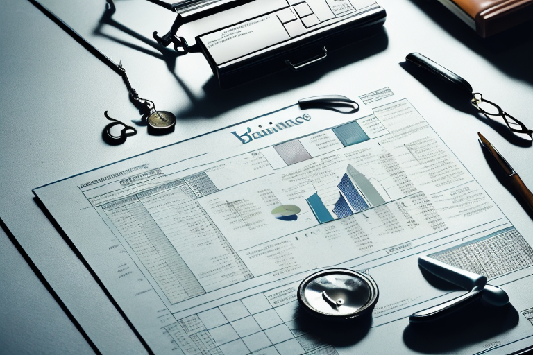 A balanced scale with business-themed items such as a briefcase