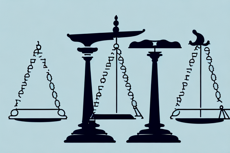 A balanced scale with a gavel on one side and a collection of various building icons (representing different types of businesses) on the other side