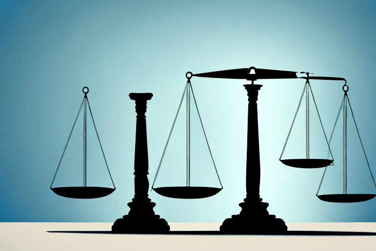 A balance scale with one side holding a briefcase symbolizing business and the other side holding a gavel symbolizing litigation