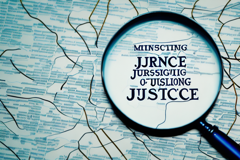 A magnifying glass hovering over a map marked with scales of justice