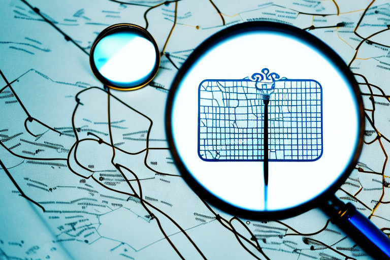 A magnifying glass hovering over a map marked with law scales