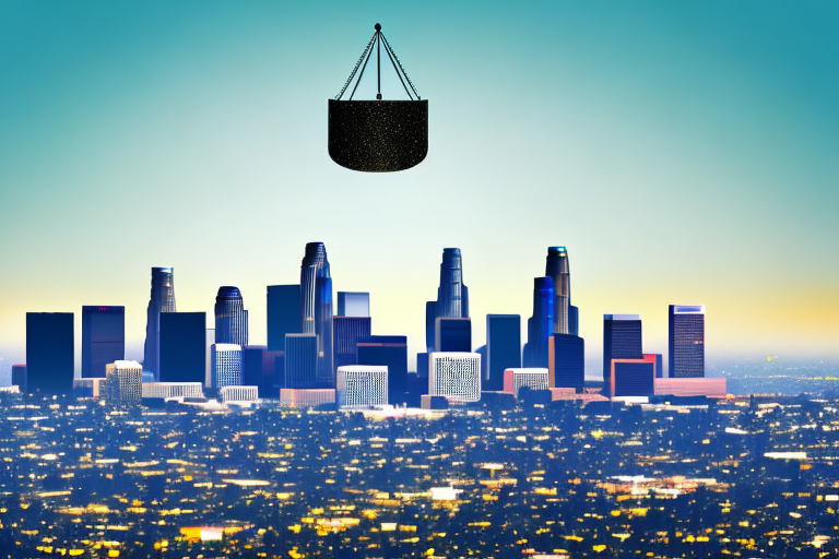 The los angeles skyline with a balance scale superimposed on it