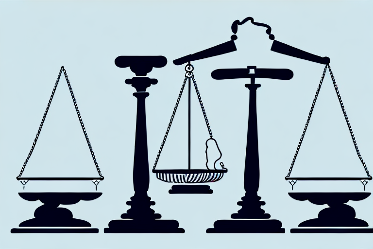 A balanced scale in the center with a gavel on one side and a stack of legal documents on the other