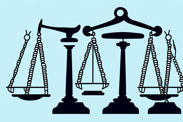 A balanced scale with a gavel on one side and a courthouse on the other