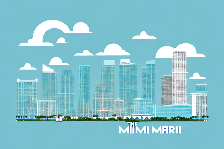 The miami skyline with a symbolic justice scale and gavel integrated into the architectural design