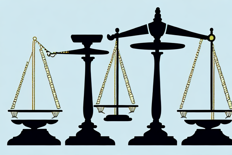 A balanced scale on a desk surrounded by legal documents and a gavel