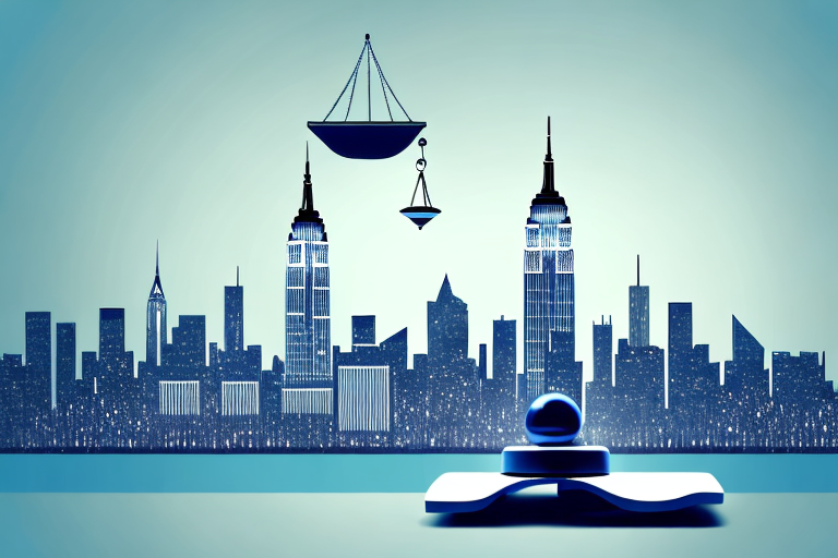 The new york city skyline with a balance scale symbolizing justice prominently featured in the foreground