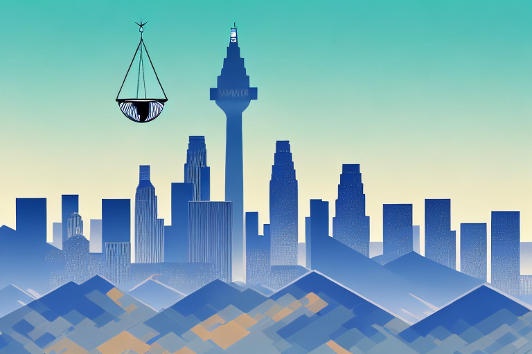 The los angeles skyline with a balance scale symbolizing justice prominently featured in the foreground