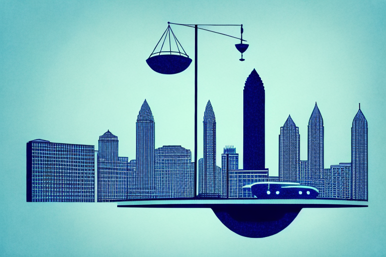 The atlanta skyline with a balance scale (symbolizing justice) superimposed over it