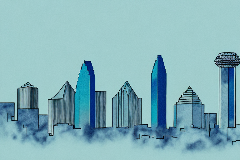 The dallas skyline with the scales of justice subtly integrated into the architecture