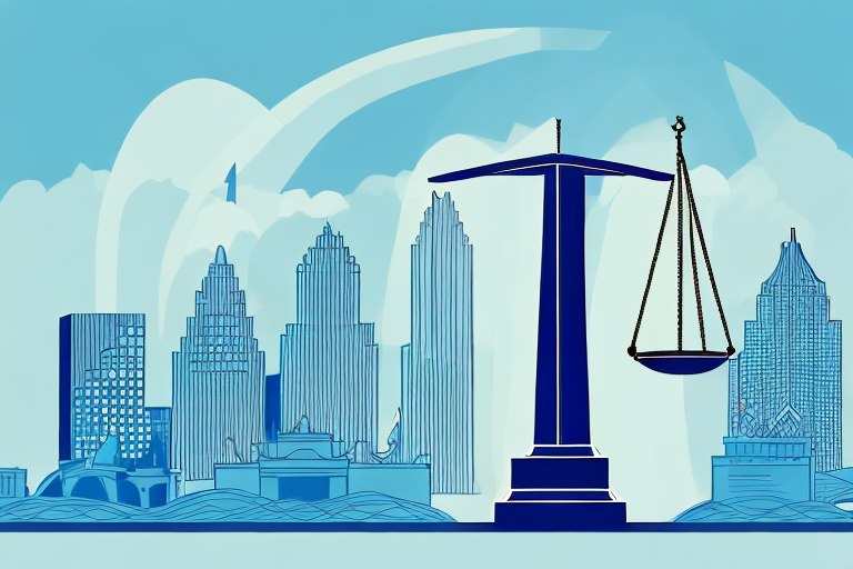 A balanced scale in front of a stylized skyline of atlanta