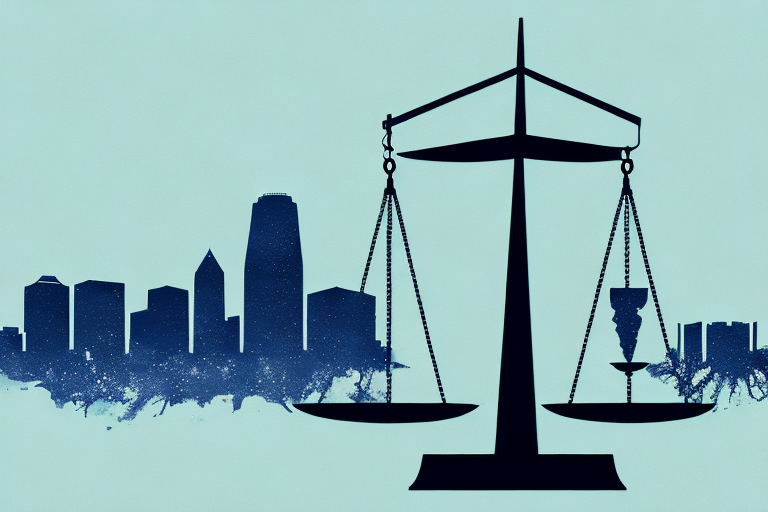 A balanced justice scale with a silhouette of houston's skyline in the background