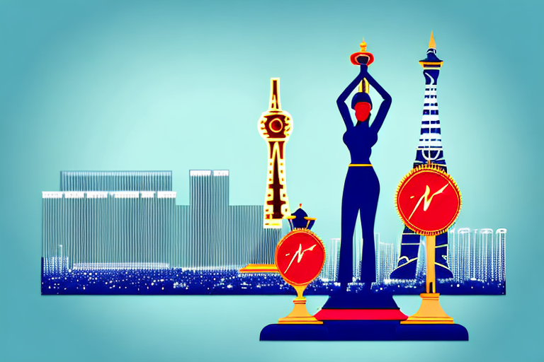 A balanced scale in front of a stylized las vegas skyline