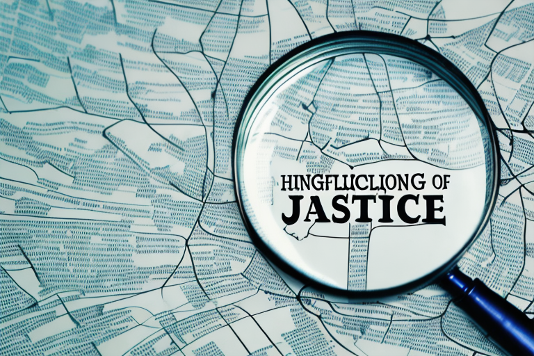 A magnifying glass hovering over a map dotted with symbols of justice scales