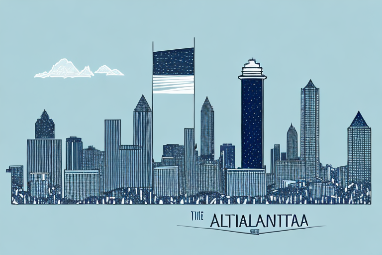 The atlanta skyline with a symbolic justice scale integrated into the design