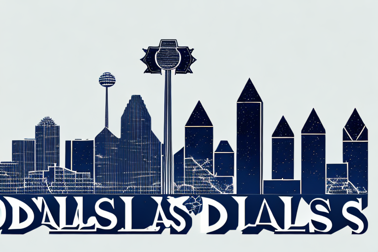 The dallas skyline with symbolic elements like a justice scale and a gavel