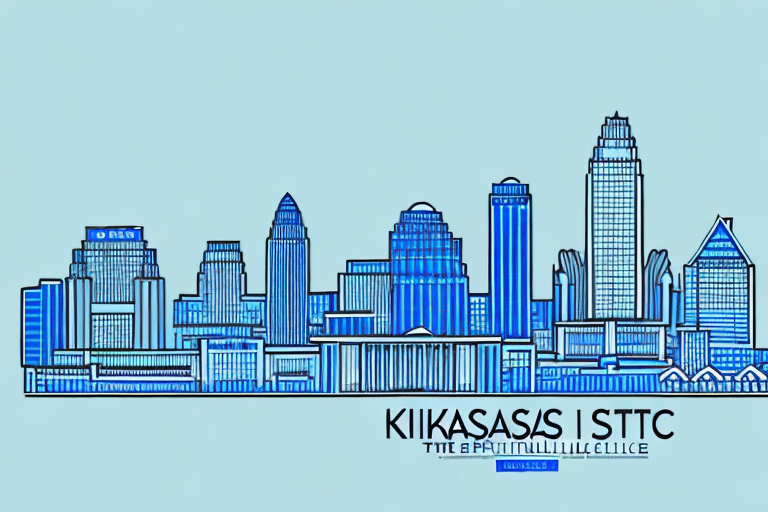 The kansas city skyline with a symbolic justice scale integrated into the architecture