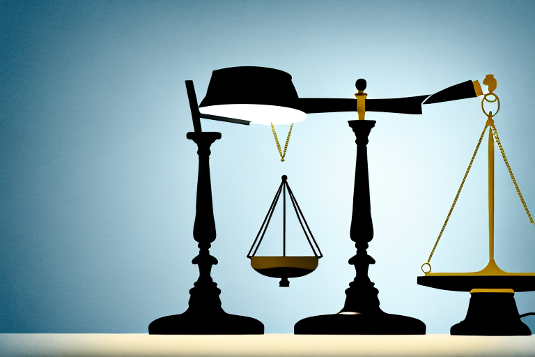 A balanced scale with a gavel on one side and a stack of legal documents on the other