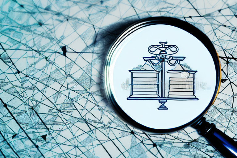 A magnifying glass hovering over a map marked with various symbols of law scales