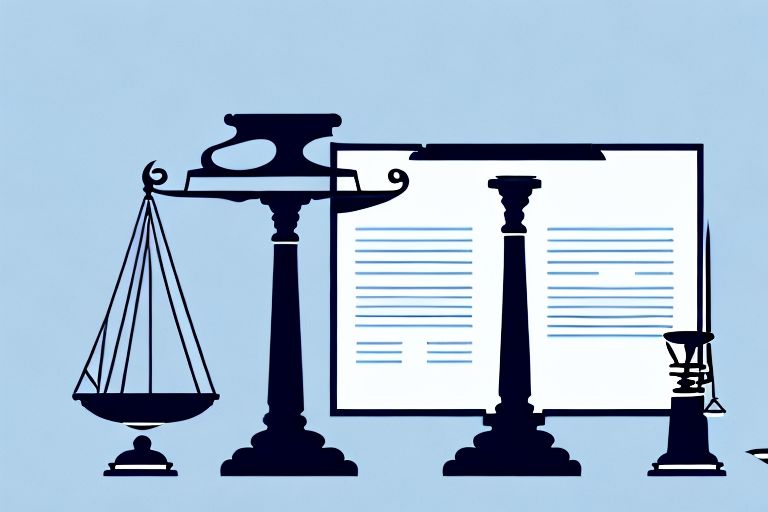 A balanced scale with legal documents and a gavel on one side