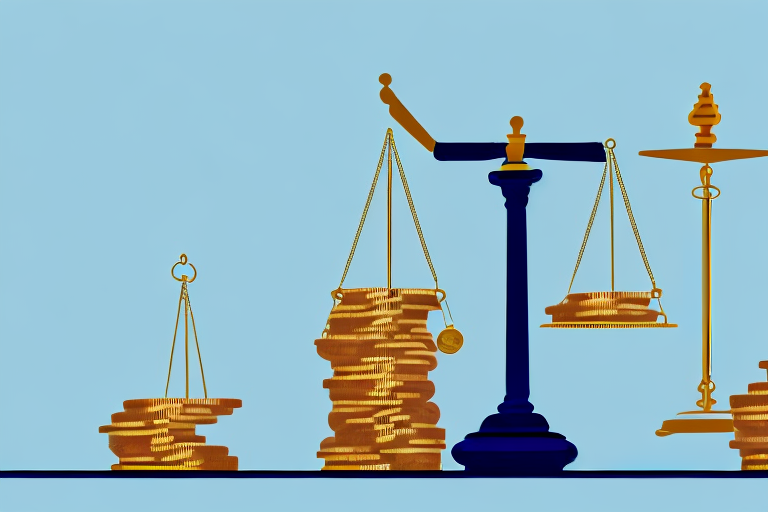 A balanced scale with stacks of coins on one side and a gavel on the other