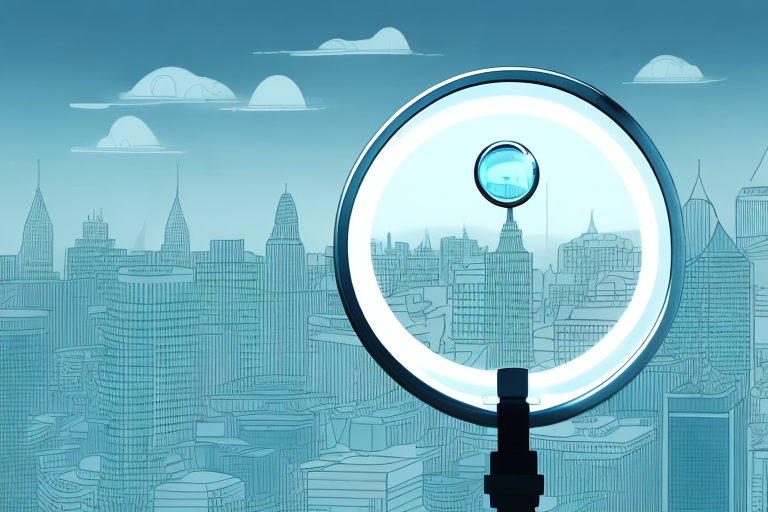 A magnifying glass hovering over a cityscape