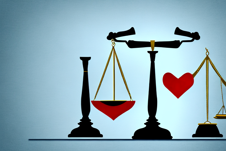 A balanced scale with a gavel on one side and a bandaged heart on the other