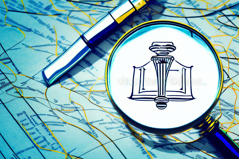 A magnifying glass hovering over a map marked with a gavel symbol