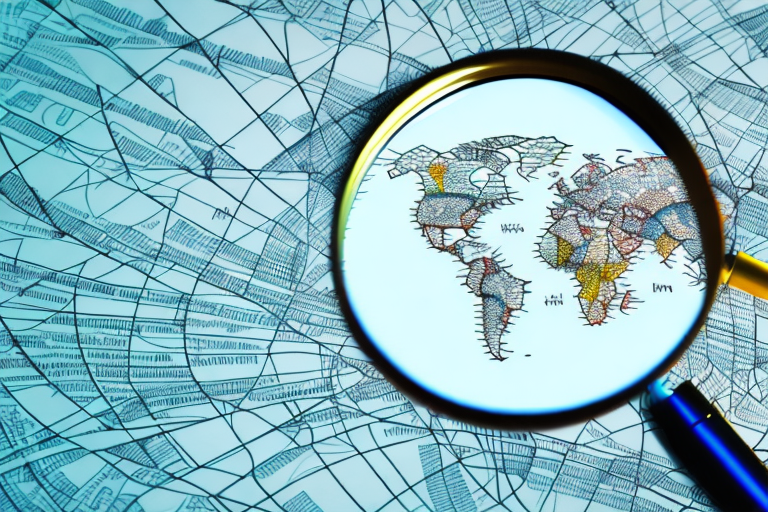 A magnifying glass hovering over a map with symbols representing law and immigration