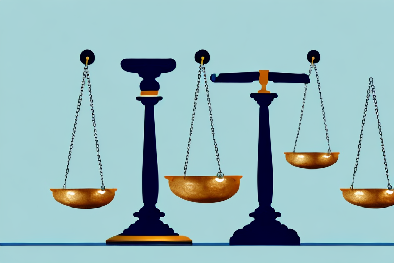 A balance scale with a pile of coins on one side and a gavel on the other