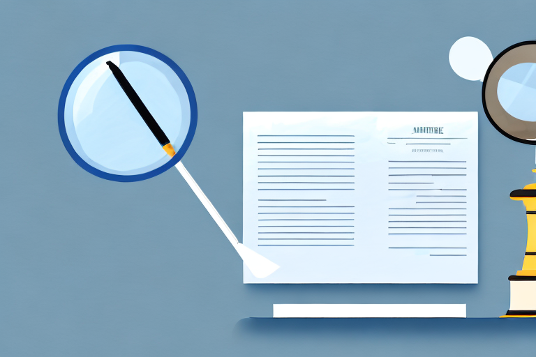 A balanced scale with legal documents on one side and a magnifying glass on the other