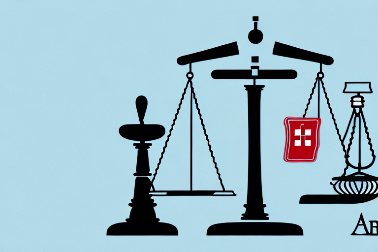 A balanced scale with a medical symbol on one side and a gavel on the other side