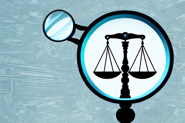 A magnifying glass focusing on a balance scale representing justice