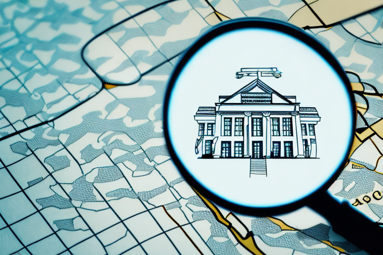 A magnifying glass hovering over a map marked with courthouse symbols