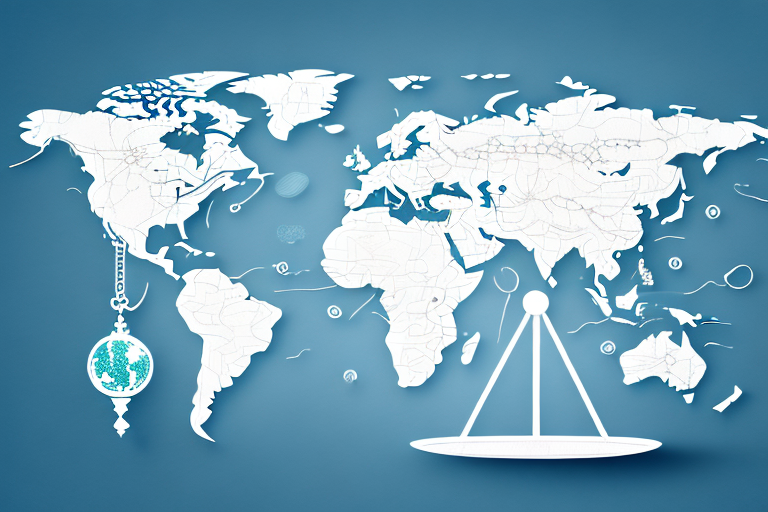 A balanced scale in front of a global map