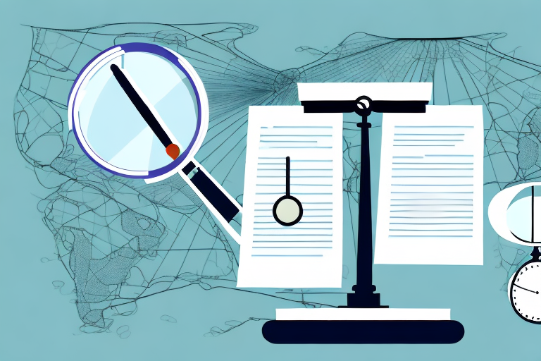 A balance scale with legal documents on one side and a magnifying glass on the other